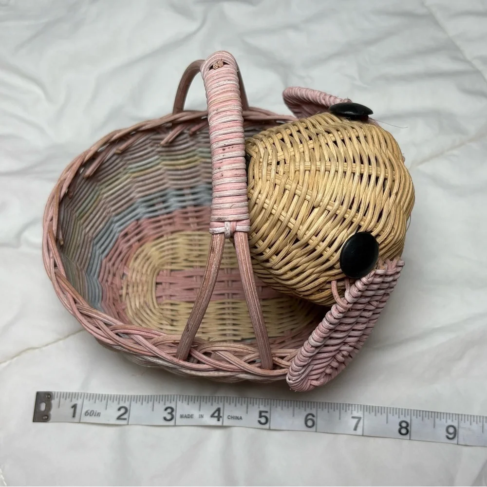 Vintage Woven Easter Bunny Basket with Pink, Blue, and Tan Accents
